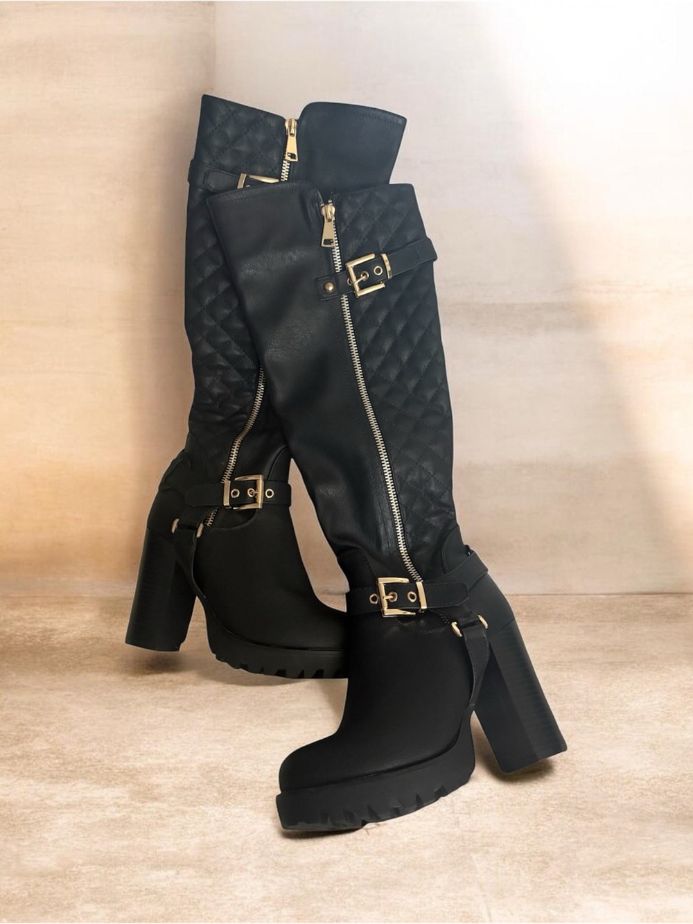 Dream Pairs Black Quilted Over-the-Knee Platform Boots with Gold Hardware